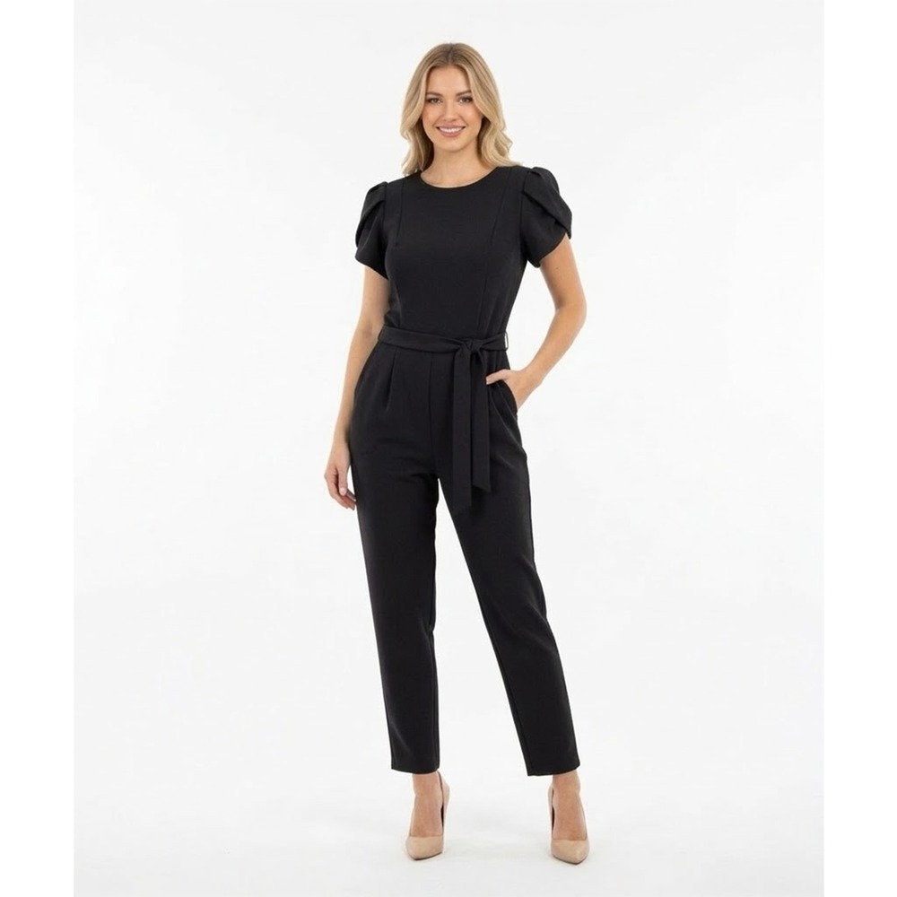 Calvin Klein Tulip Sleeve Tie Waist  Straight Leg Jumpsuit Black Gold Women 2